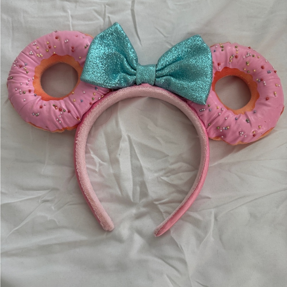 Disney Parks Pink Sprinkled Donut Minnie Mouse Ears Headband Teal Blue Bow